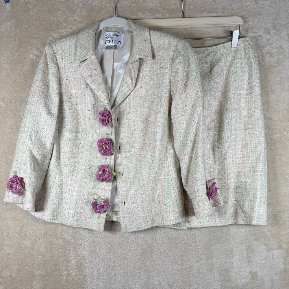 Rickie Freeman Teri Jon Silk Tweed Skirt Suit Pastel Floral Buttons Blazer Set M